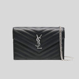 SAINT LAURENT YSL Matelasse Envelope Chain Wallet In Grain De Poudre Embossed Leather Black/Silver 857605BOW02