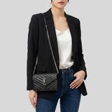 SAINT LAURENT YSL Matelasse Envelope Chain Wallet In Grain De Poudre Embossed Leather Black/Silver 857605BOW02