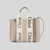 CHLOE Small Woody Tote Bag In Linen And Leather Shiny Gray CHC25SS397O81074