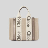 CHLOE Small Woody Tote Bag In Linen And Leather Shiny Gray CHC25SS397O81074 lussocitta lusso citta