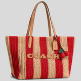 COACH City Tote Bag With Stripes And Charm Red/Tan CER30