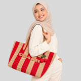 COACH City Tote Bag With Stripes And Charm Red/Tan CER30