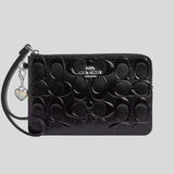 COACH Corner Zip Wristlet In Signature Leather With Heart Charm Silver/Black CDY96
