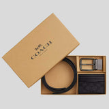 COACH Boxed Card Case And Belt Set In Signature Canvas Gunmetal/Charcoal/Black CW351