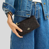 COACH Double Zip Wallet In Signature Canvas Walnut/Black CX161