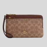 COACH Double Zip Wallet In Signature Canvas Tan/Brown CX161