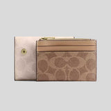 COACH Card Holder Wallet In Blocked Signature Canvas Sand/Tan CZ446