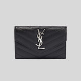 SAINT LAURENT YSL Cassandre Matelasse Small Envelope Wallet In Grain De Poudre Embossed Leather Black/Silver 414404BOW02