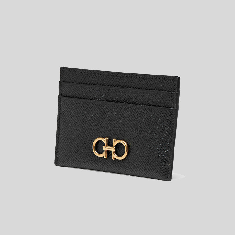 Ferragamo Gancini Leather Credit Card Holder Black 220007