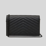 SAINT LAURENT YSL Matelasse Chain Wallet In Grain De Poudre Embossed Leather Black/Black 377828BOW08