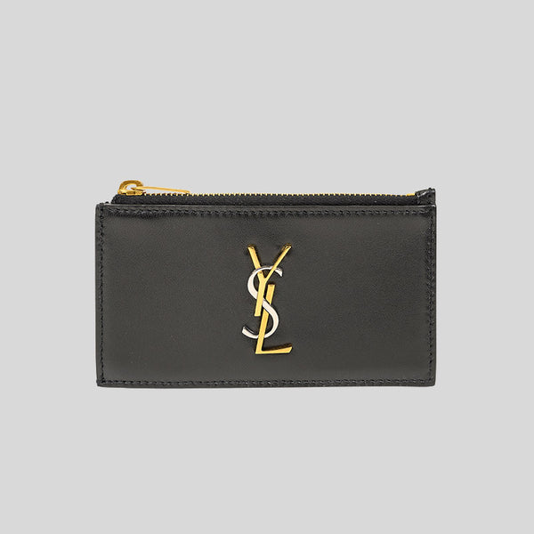 SAINT LAURENT YSL 2 Tone Logo Zipped Card Case In Smooth Leather Black 611558 lussocitta lusso citta