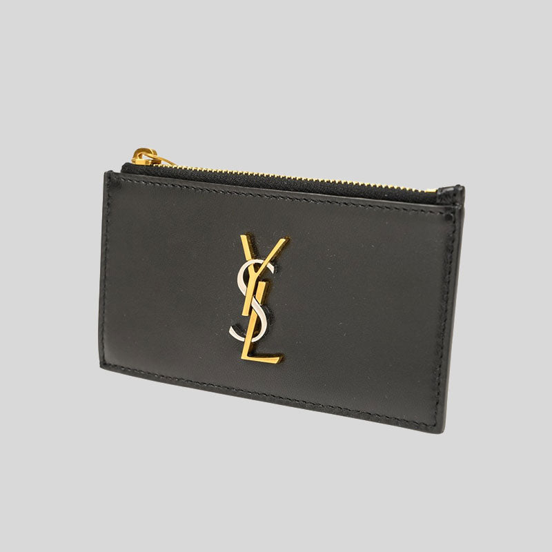 SAINT LAURENT YSL 2 Tone Logo Zipped Card Case In Smooth Leather Black 611558