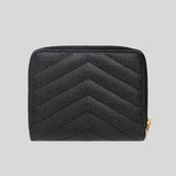 SAINT LAURENT YSL Cassandre Matelasse Compact Zip Around Wallet In Grain De Poudre Embossed Leather Black 668288BOW01