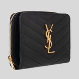 SAINT LAURENT YSL Cassandre Matelasse Compact Zip Around Wallet In Grain De Poudre Embossed Leather Black 668288BOW01