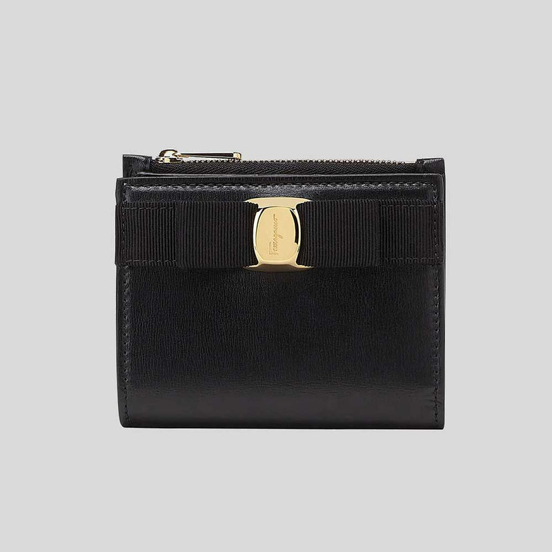 FERRAGAMO Vera Bow Calf Leather Compact Wallet Black 22E009