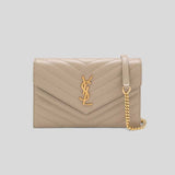 SAINT LAURENT YSL Matelasse Envelope Chain Wallet In Grain De Poudre Embossed Leather Dark Beige/Gold 742920BOW01 lussocitta lusso citta