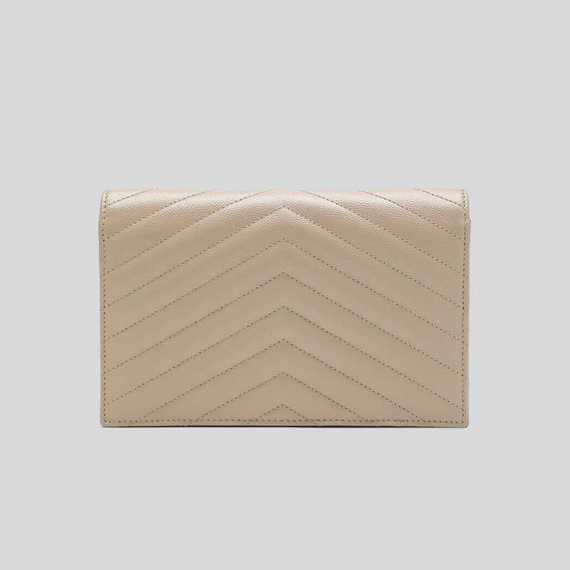 SAINT LAURENT YSL Matelasse Envelope Chain Wallet In Grain De Poudre Embossed Leather Dark Beige/Gold 742920BOW01