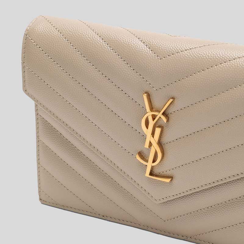 SAINT LAURENT YSL Matelasse Envelope Chain Wallet In Grain De Poudre Embossed Leather Dark Beige/Gold 742920BOW01