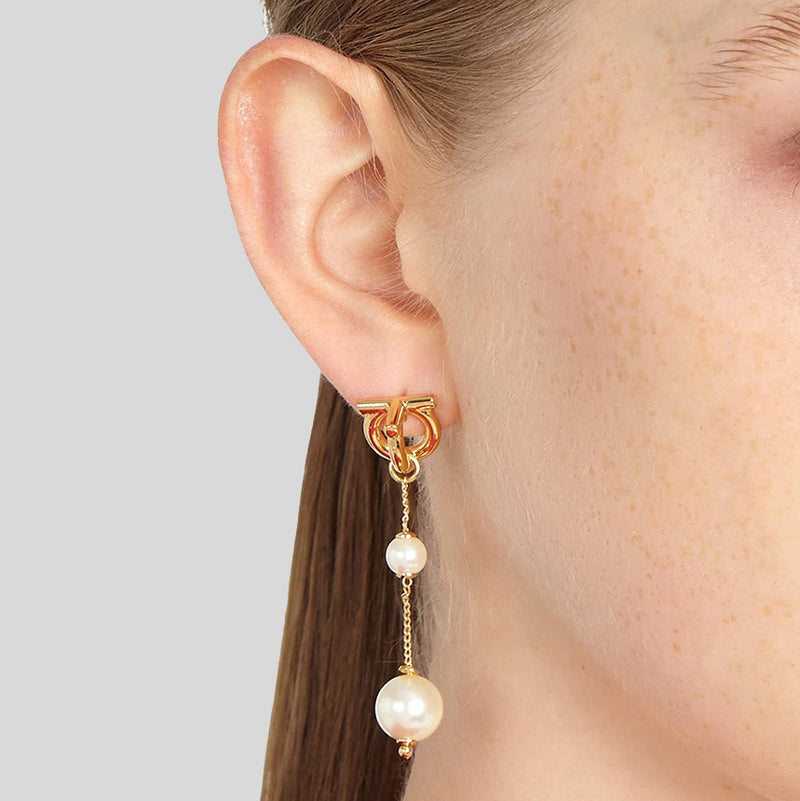 FERRAGAMO 3D Logo Gancini Pearl Drop Earrings Gold 760531