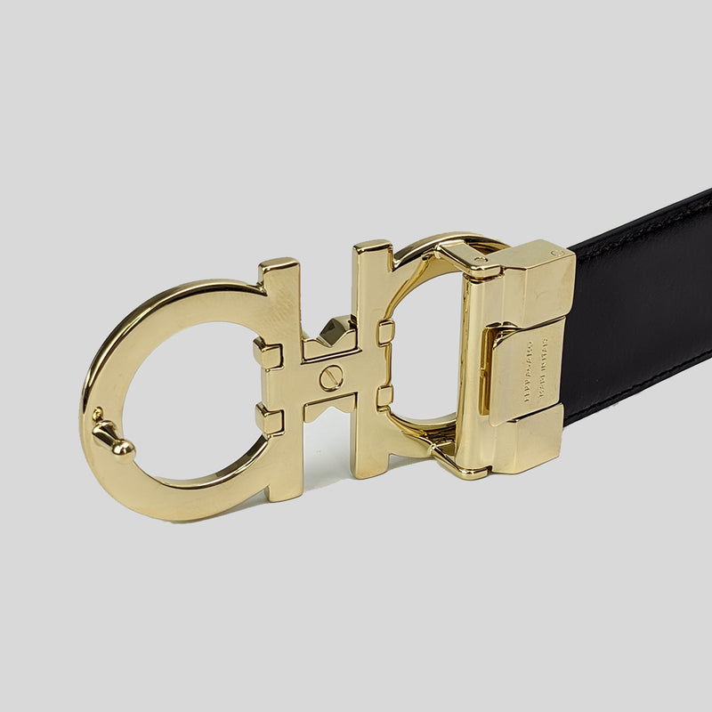 SALVATORE FERRAGAMO Men's Double Gancini Adjustable and Reversible Belt NERO/T.MORO 95cm 772402