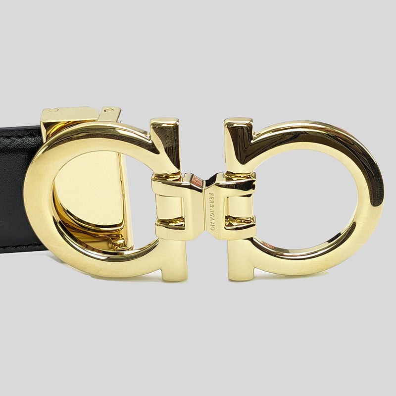 SALVATORE FERRAGAMO Men's Double Gancini Adjustable and Reversible Belt NERO/T.MORO 95cm 772402