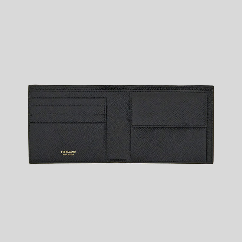 FERRAGAMO Gancini Men's Leather Bifold Coin Wallet Black 775646