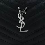 SAINT LAURENT YSL Matelasse Envelope Chain Wallet In Grain De Poudre Embossed Leather Black/Silver 857605BOW02