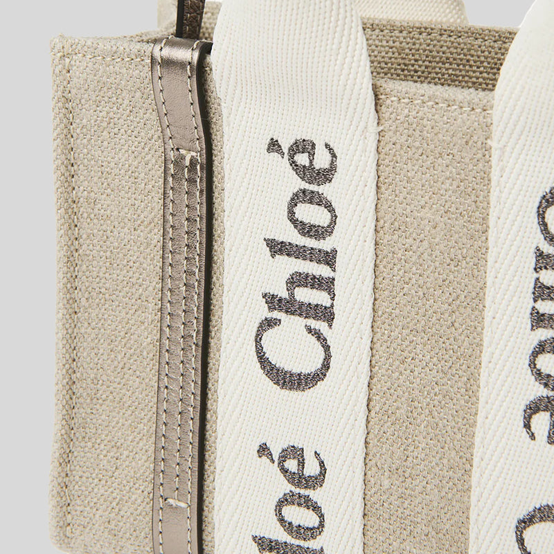 CHLOE Mini Woody Tote Bag In Linen And Leather Shiny Gray CHC25SP237O81074