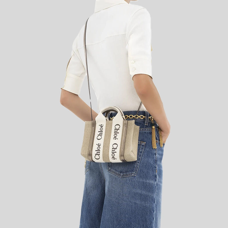 CHLOE Small Woody Tote Bag In Linen And Leather Shiny Gray CHC25SS397O81074