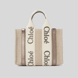 CHLOE Small Woody Tote Bag In Linen And Leather Shiny Gray CHC25SS397O81074 lussocitta lusso citta