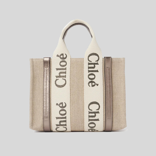 CHLOE Small Woody Tote Bag In Linen And Leather Shiny Gray CHC25SS397O81074 lussocitta lusso citta
