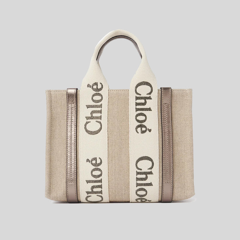 CHLOE Small Woody Tote Bag In Linen And Leather Shiny Gray CHC25SS397O81074 lussocitta lusso citta