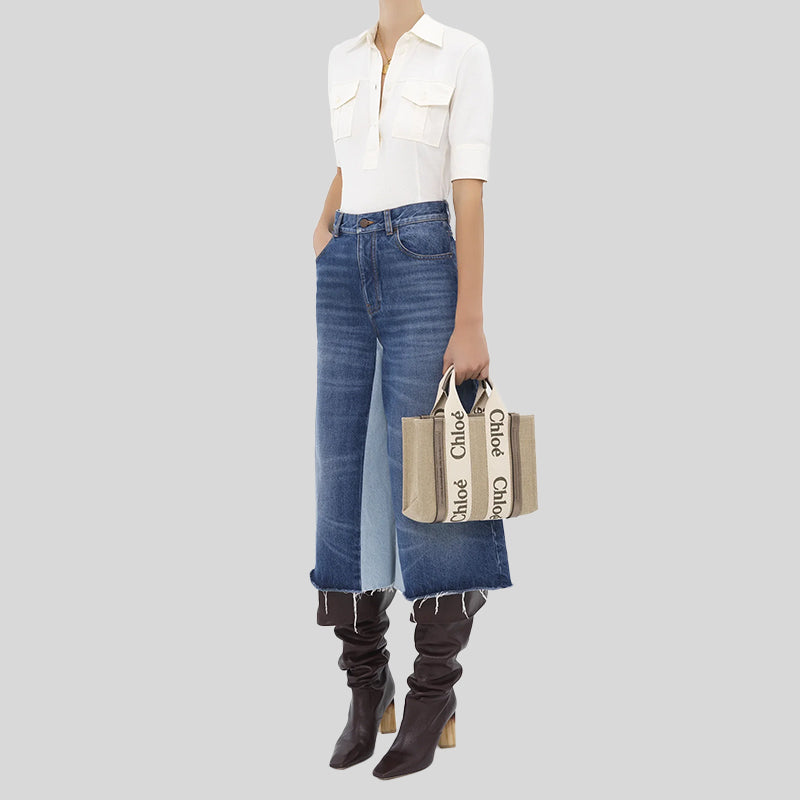 CHLOE Small Woody Tote Bag In Linen And Leather Shiny Gray CHC25SS397O81074