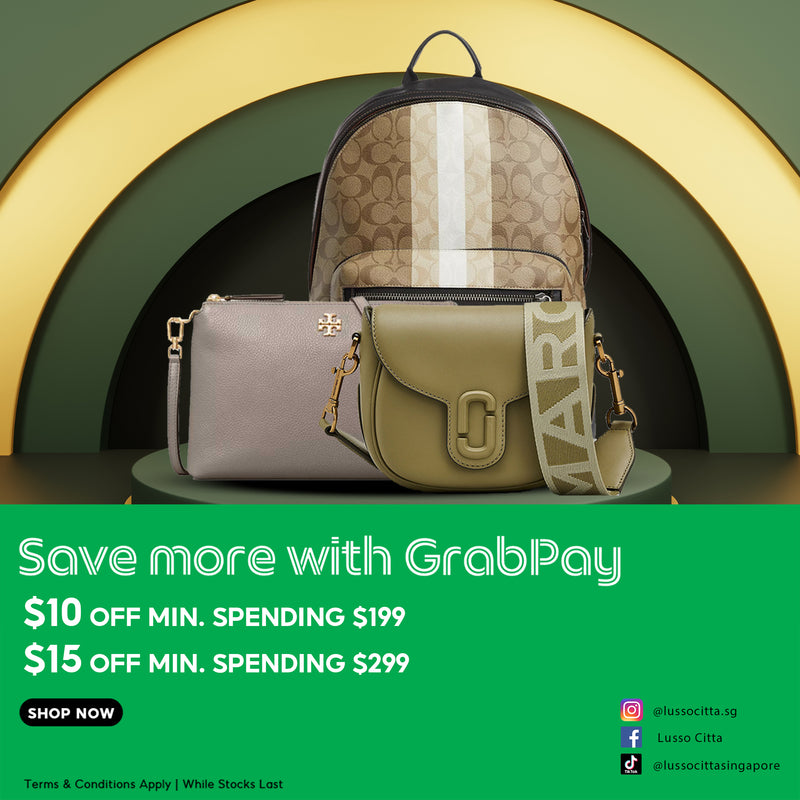 Luxury designer bags displayed with GrabPay offer by Lussocitta