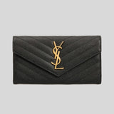 SAINT LAURENT YSL Cassandre Matelasse Large Flap Wallet In Grain De Poudre Embossed Leather Black 372264BOW01