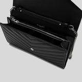 SAINT LAURENT YSL Matelasse Chain Wallet In Grain De Poudre Embossed Leather Black/Silver 377828BOW02
