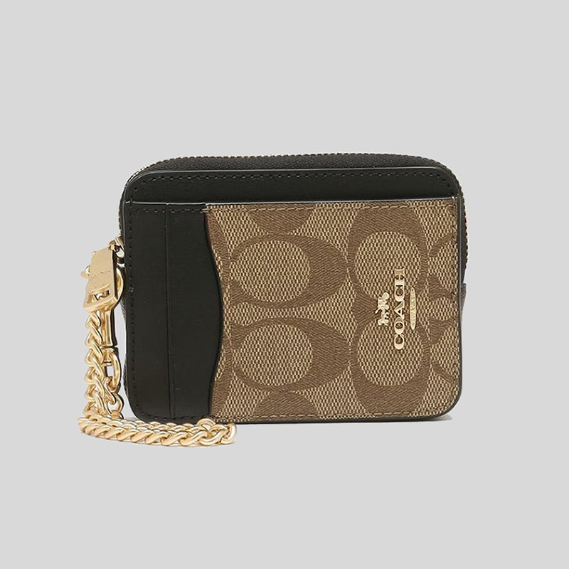 Coach Zip Card Case In Blocked Signature Canvas Khaki Brown Multi C1885