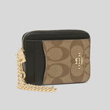 Coach Zip Card Case In Blocked Signature Canvas Khaki Brown Multi C1885