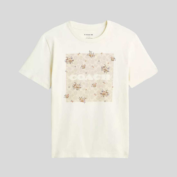 COACH Spring Blossom Signature Square Classic T Shirt In Organic Cotton Cream CAH69