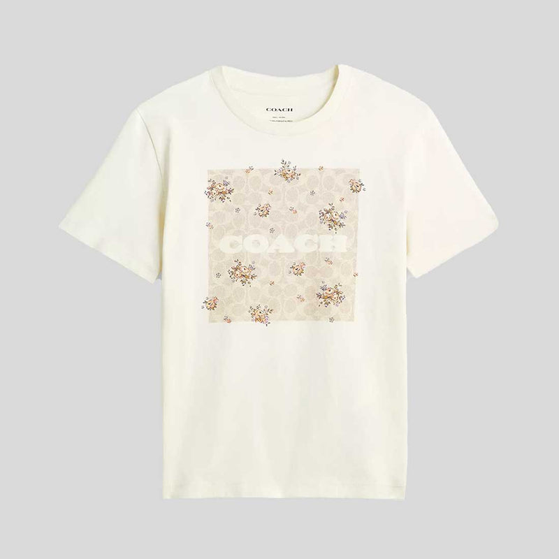 COACH Spring Blossom Signature Square Classic T Shirt In Organic Cotton Cream CAH69