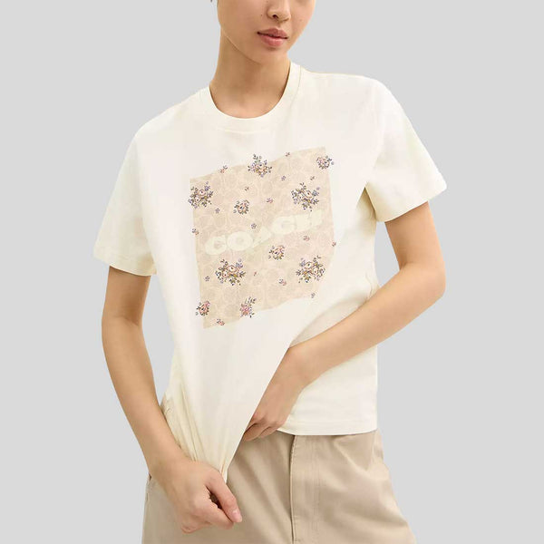 COACH Spring Blossom Signature Square Classic T Shirt In Organic Cotton Cream CAH69