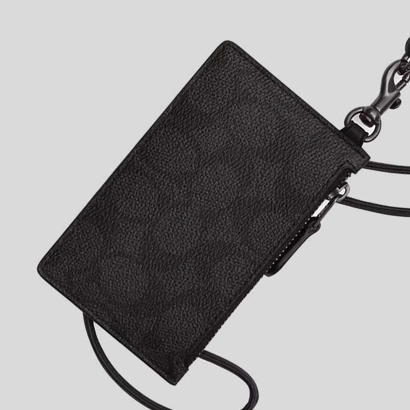 COACH Zip Lanyard Card Case In Signature Canvas Charcoal/Black CAJ46