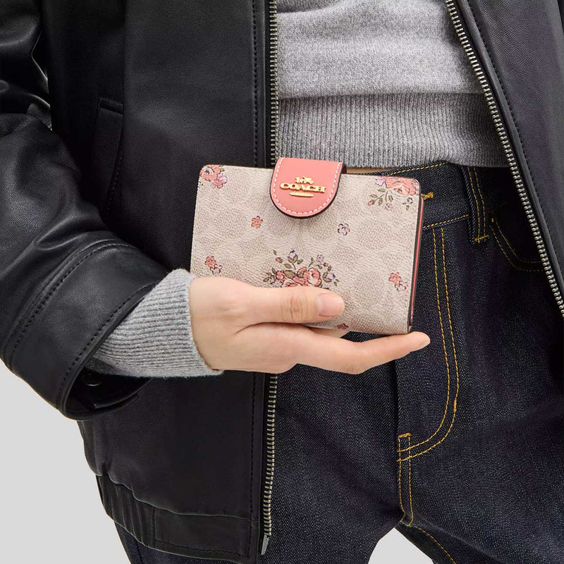 COACH Medium Corner Zip Wallet In Signature Canvas With Floral Print Sand Multi CAO99