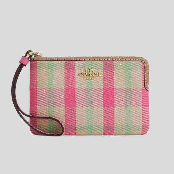 COACH Corner Zip Wristlet With Plaid Print Pink Multi CBP18