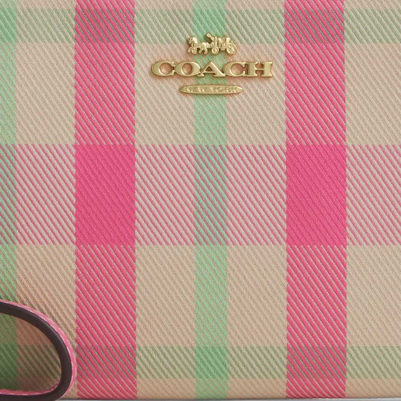 COACH Corner Zip Wristlet With Plaid Print Pink Multi CBP18