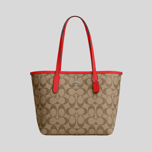 COACH Mini City Tote In Signature Canvas Khaki/Miami Red CN733