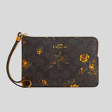 COACH Corner Zip Wristlet In Signature Canvas With Floral Print Walnut/Yellow CCL19