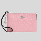 COACH Corner Zip Wristlet In Signature Leather With Heart Charm Silver/Pink CDF04