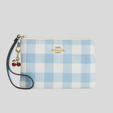 COACH Corner Zip Wristlet With Gingham Print And Charm Blue Multi CEX59