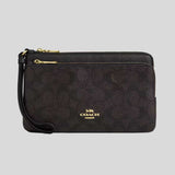 COACH Double Zip Wallet In Signature Canvas Walnut/Black CX161